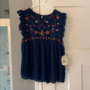 Altard State Navy and Floral Ruffle Sleeve Tank